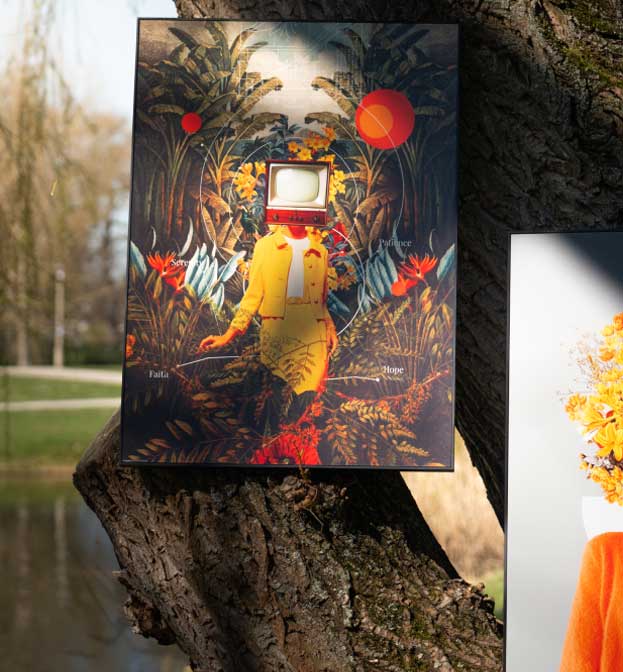 Two surrealist artworks hanging on a tree in the park – left: a figure with a TV head in a tropical setting, right: a portrait with yellow flowers instead of a face